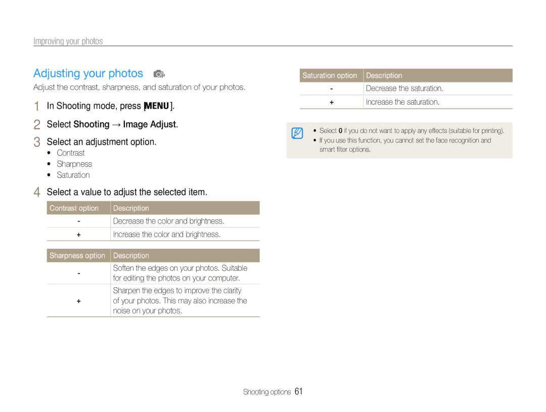 Samsung EC-ST94ZZBPRE2 Adjusting your photos, Select a value to adjust the selected item, Saturation option Description 