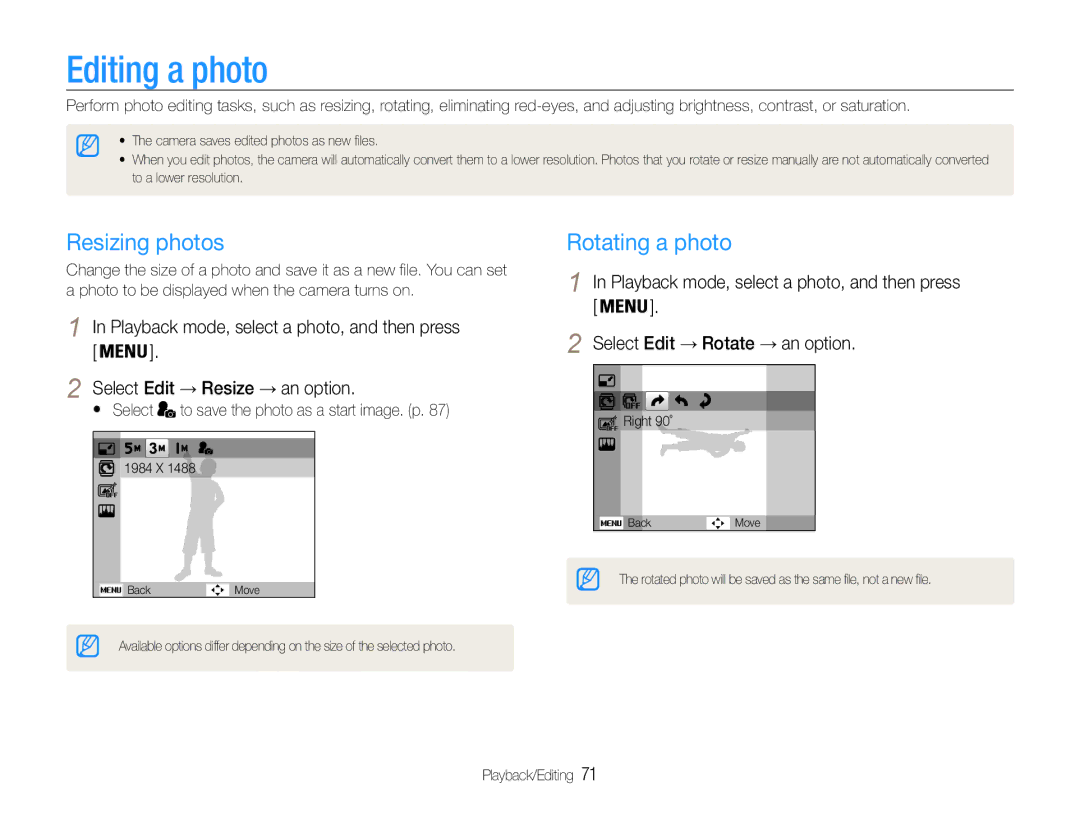 Samsung EC-ST93ZZDPPIR, EC-ST93ZZBPRE1, EC-ST93ZZBPBE1, EC-ST93ZZBPPE1 Editing a photo, Resizing photos, Rotating a photo 