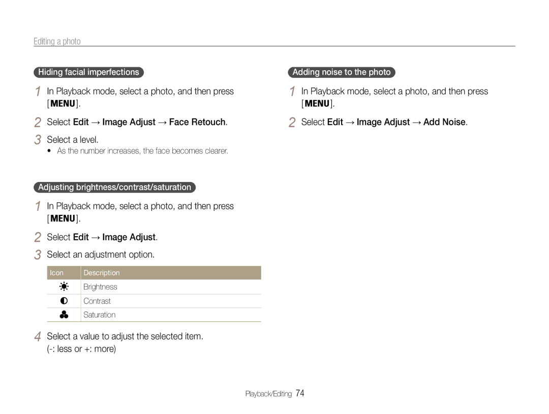 Samsung EC-ST93ZZBPBIL manual Select a value to adjust the selected item. less or + more, Hiding facial imperfections 