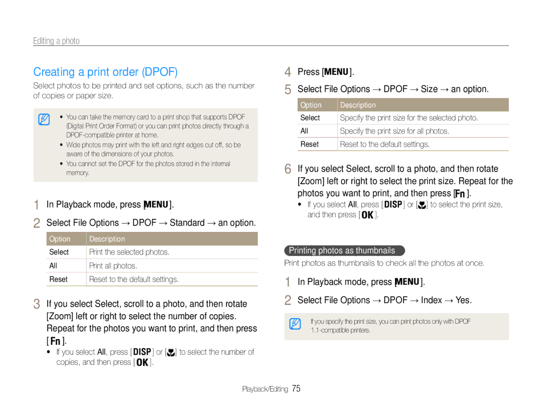 Samsung EC-ST93ZZDPBIR, EC-ST93ZZBPRE1, EC-ST93ZZBPBE1 manual Creating a print order Dpof, Printing photos as thumbnails 