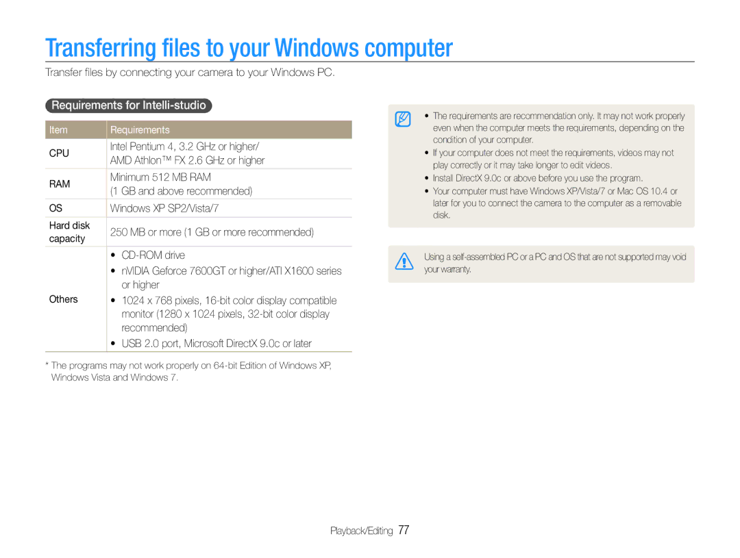 Samsung EC-ST93ZZBPBAE, EC-ST93ZZBPRE1 manual Transferring files to your Windows computer, Requirements for Intelli-studio 