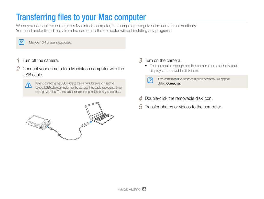 Samsung EC-ST93ZZBPSAE, EC-ST93ZZBPRE1, EC-ST93ZZBPBE1, EC-ST93ZZBPPE1 manual Transferring files to your Mac computer 