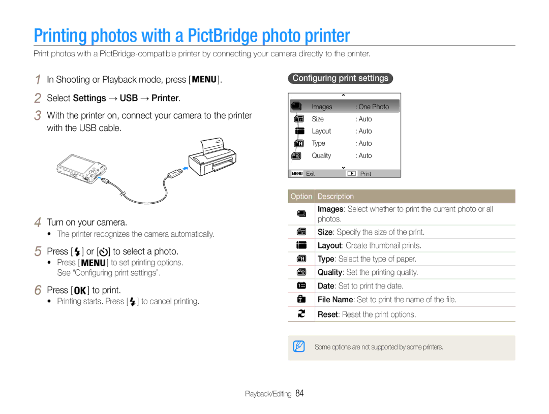 Samsung EC-ST93ZZBPSIL manual Printing photos with a PictBridge photo printer, Press Or to select a photo, Press To print 