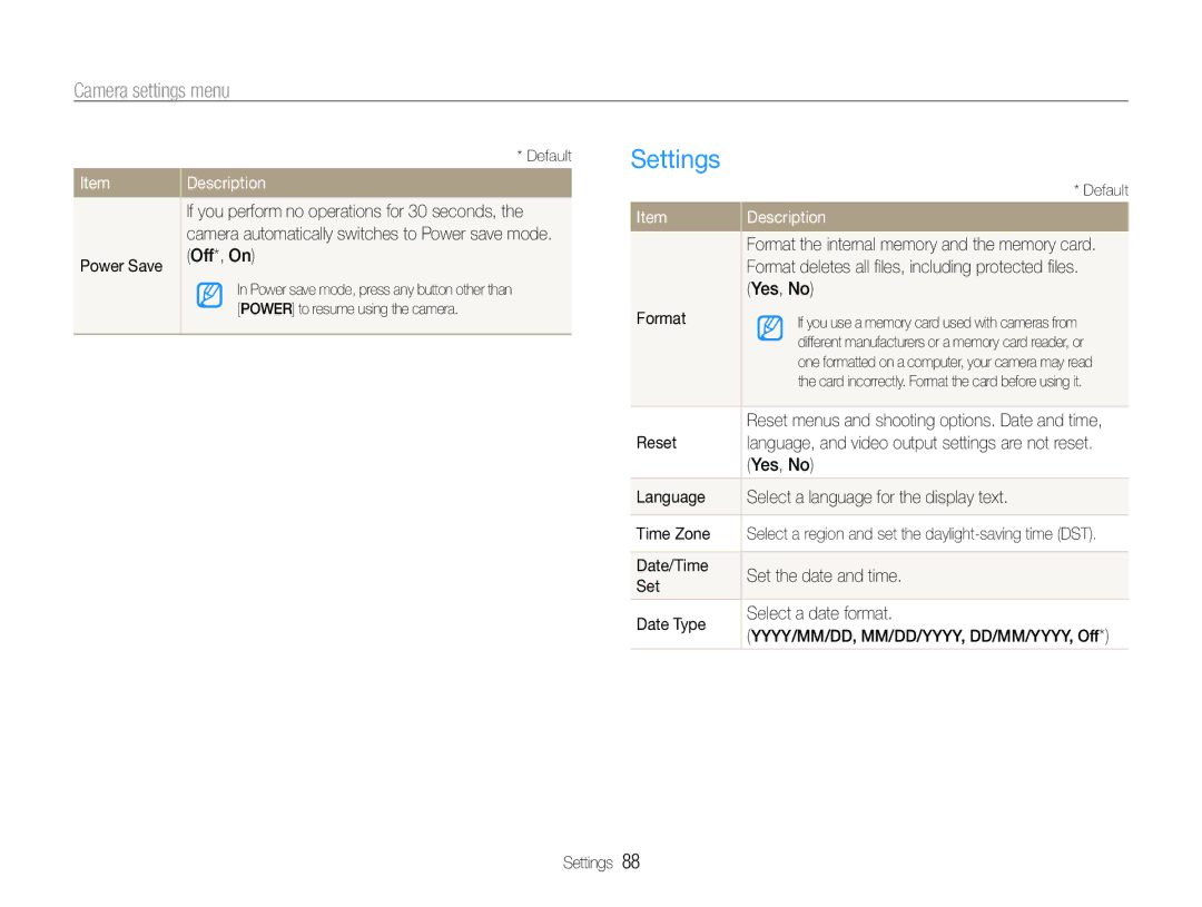 Samsung EC-ST93ZZBPRE3 Settings, Power Save, Yes, No, Format, Language Select a language for the display text Time Zone 