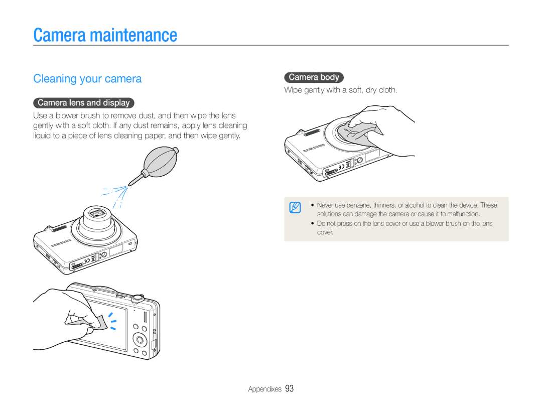 Samsung EC-ST93ZZBPSE2, EC-ST93ZZBPRE1 manual Camera maintenance, Cleaning your camera, Camera lens and display, Camera body 