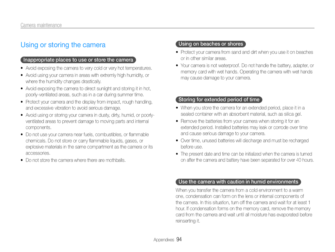 Samsung EC-ST93ZZBPRE2, EC-ST93ZZBPRE1, EC-ST93ZZBPBE1, EC-ST93ZZBPPE1 manual Using or storing the camera, Camera maintenance 