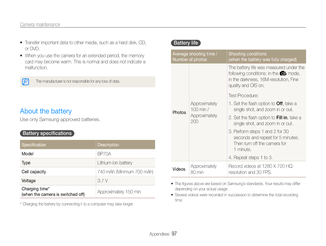 Samsung EC-ST93ZZBPRRU, EC-ST93ZZBPRE1 About the battery, Battery specifications, Battery life, Specification Description 