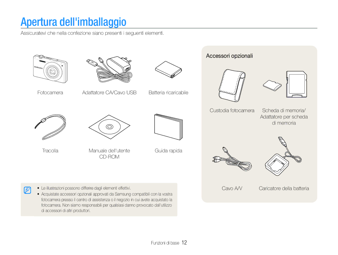 Samsung EC-ST93ZZBPBE1, EC-ST93ZZBPRE1, EC-ST93ZZBPPE1, EC-ST93ZZBPSE1 manual Apertura dellimballaggio, Accessori opzionali 