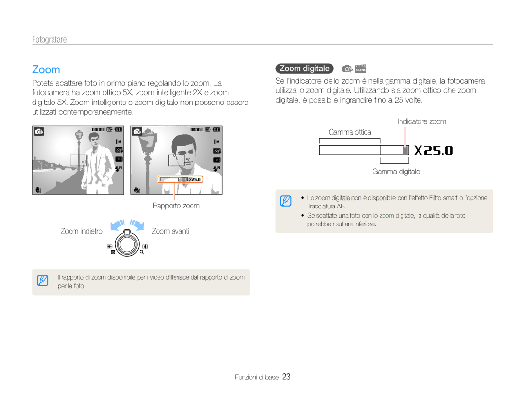 Samsung EC-ST93ZZBPRE1, EC-ST93ZZBPBE1 manual Fotografare, Zoom digitale, Indicatore zoom Gamma ottica Gamma digitale 