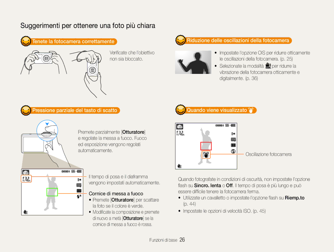 Samsung EC-ST93ZZBPSE1, EC-ST93ZZBPRE1 Tenete la fotocamera correttamente, Riduzione delle oscillazioni della fotocamera 