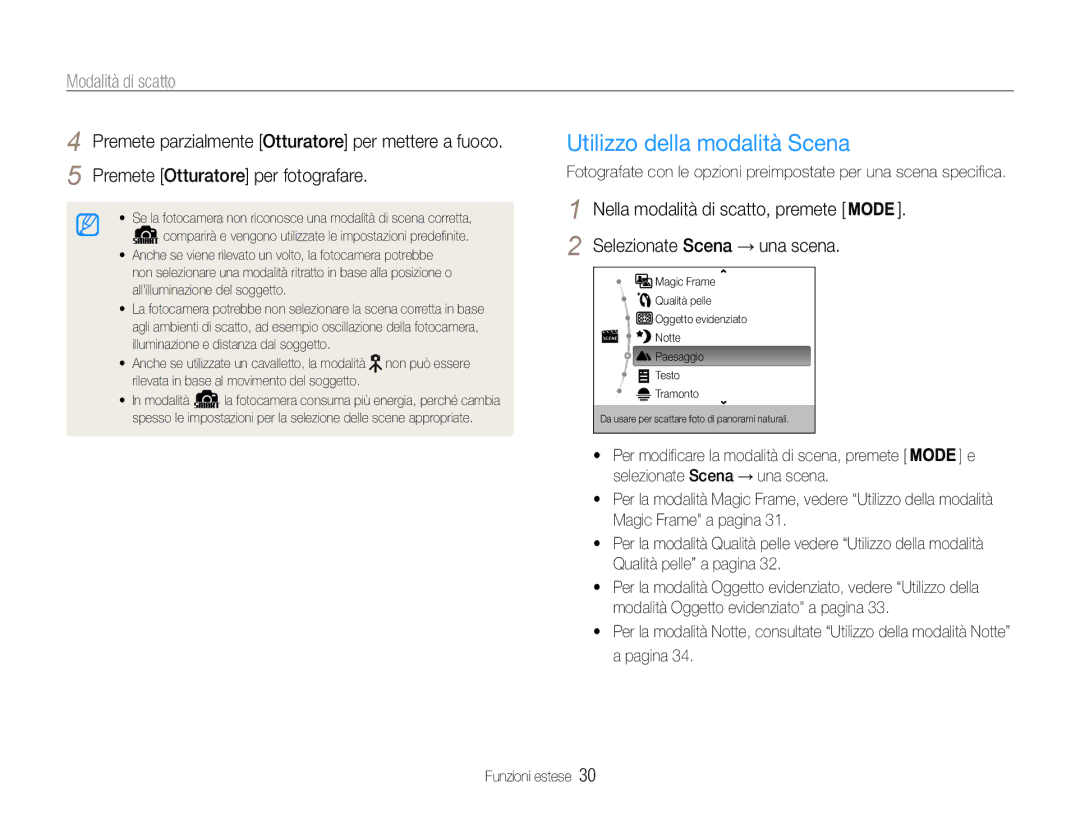 Samsung EC-ST93ZZBPSE1, EC-ST93ZZBPRE1, EC-ST93ZZBPBE1, EC-ST93ZZBPPE1 Utilizzo della modalità Scena, Modalità di scatto 