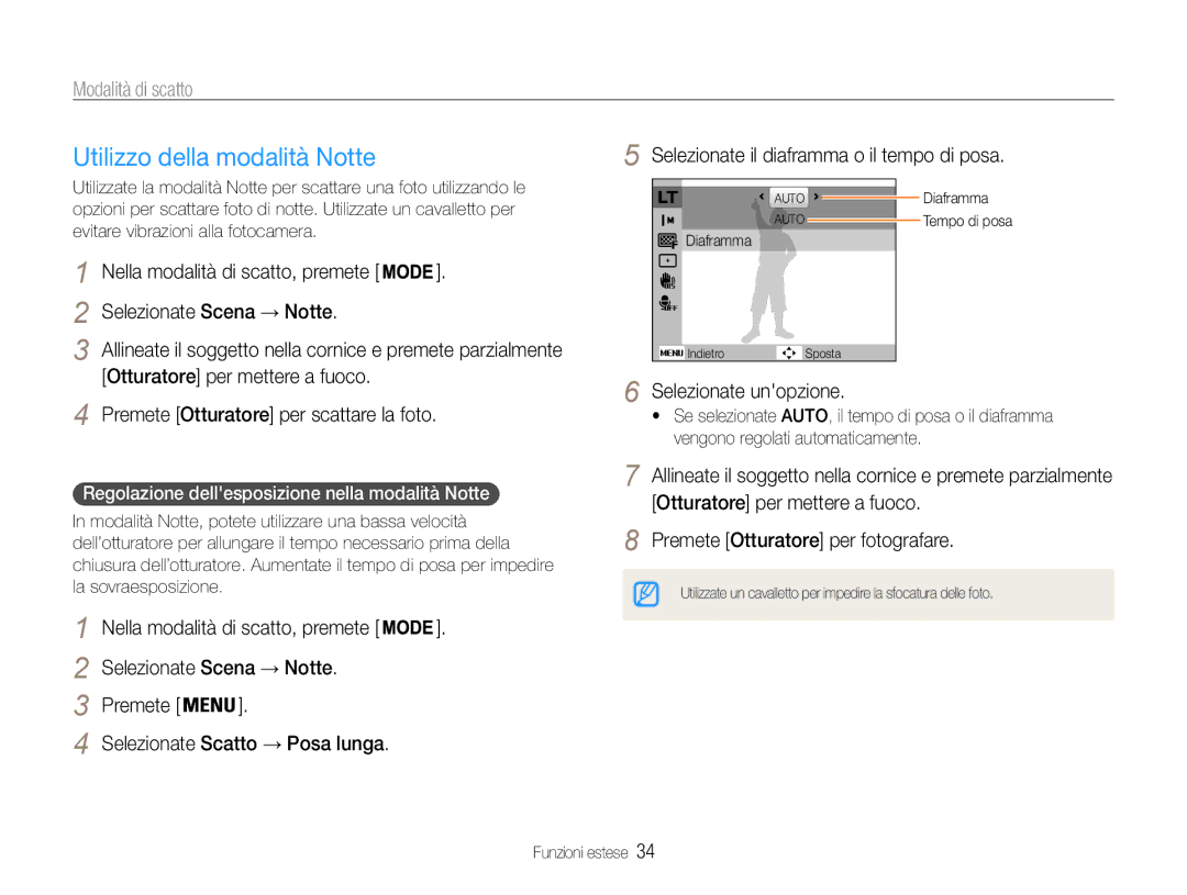 Samsung EC-ST93ZZBPSE1, EC-ST93ZZBPRE1 Utilizzo della modalità Notte, Selezionate Scena → Notte, Selezionate unopzione 