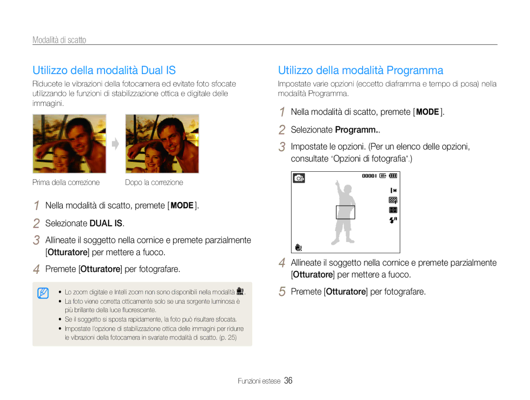 Samsung EC-ST93ZZBPBE1 Utilizzo della modalità Dual is, Utilizzo della modalità Programma, Otturatore per mettere a fuoco 