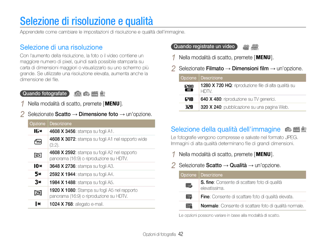 Samsung EC-ST93ZZBPSE1, EC-ST93ZZBPRE1, EC-ST93ZZBPBE1 Selezione di risoluzione e qualità, Selezione di una risoluzione 