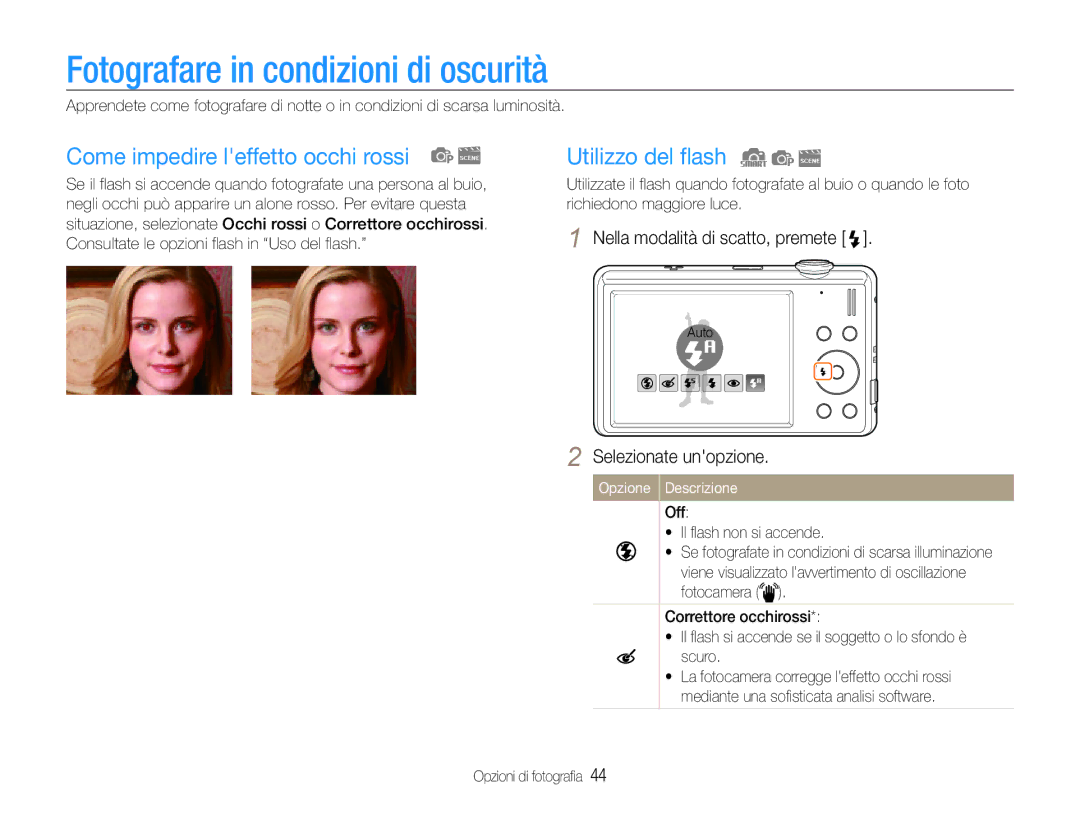 Samsung EC-ST93ZZBPBE1 manual Fotografare in condizioni di oscurità, Come impedire leffetto occhi rossi, Utilizzo del flash 