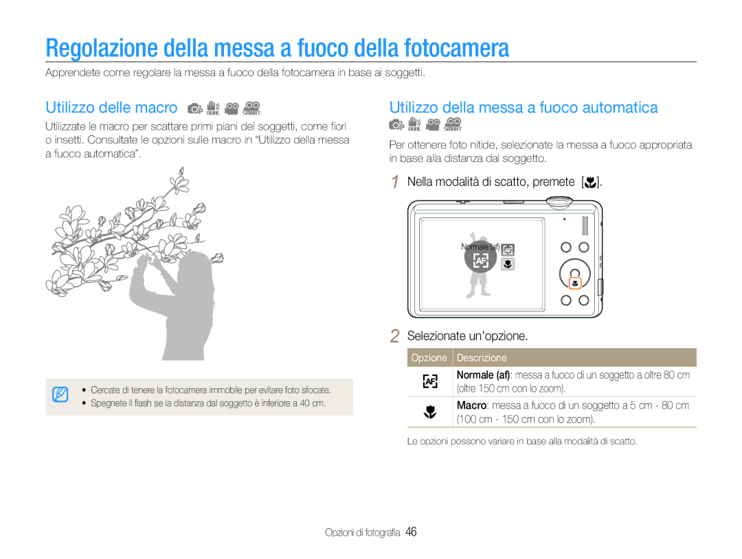 Samsung EC-ST93ZZBPSE1, EC-ST93ZZBPRE1 manual Regolazione della messa a fuoco della fotocamera, Utilizzo delle macro 