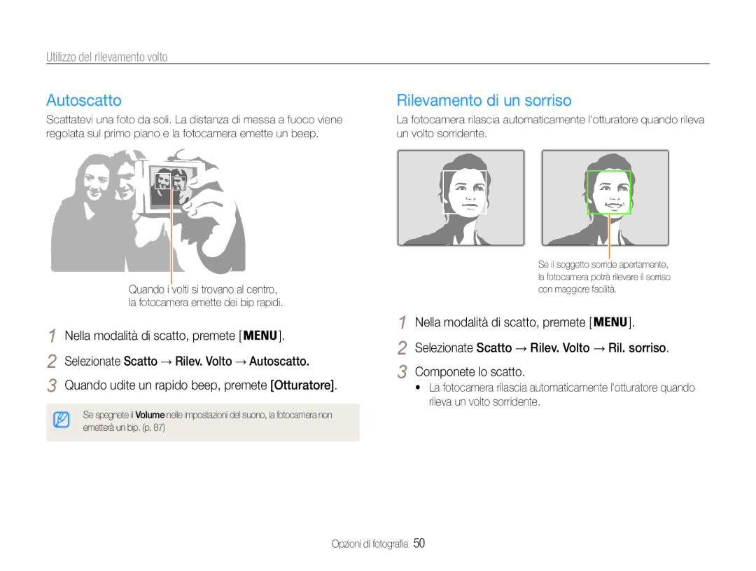 Samsung EC-ST93ZZBPSE1 manual Autoscatto, Rilevamento di un sorriso, Utilizzo del rilevamento volto, Componete lo scatto 