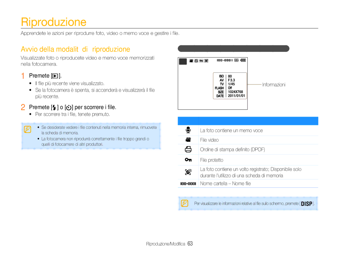 Samsung EC-ST93ZZBPRE1, EC-ST93ZZBPBE1 Riproduzione, Avvio della modalità di riproduzione, Premete o per scorrere i file 