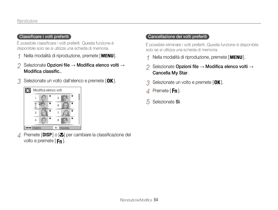 Samsung EC-ST93ZZBPBE1 manual Riproduzione, Nella modalità di riproduzione, premete, Modifica classific, Cancella My Star 