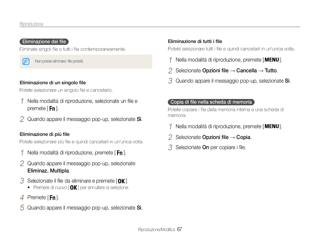 Samsung EC-ST93ZZBPRE1, EC-ST93ZZBPBE1 Eliminaz. Multipla, Eliminazione dei file, Copia di file nella scheda di memoria 