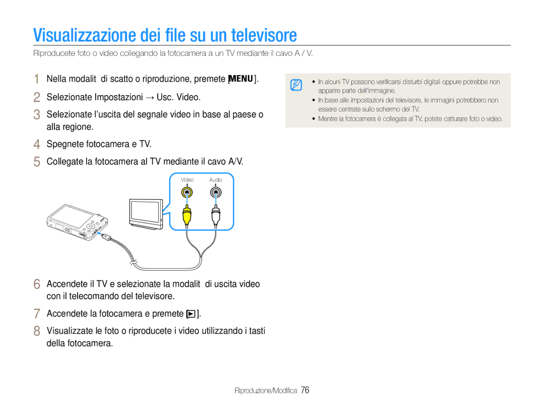 Samsung EC-ST93ZZBPBE1, EC-ST93ZZBPRE1, EC-ST93ZZBPPE1 manual Visualizzazione dei file su un televisore, Della fotocamera 