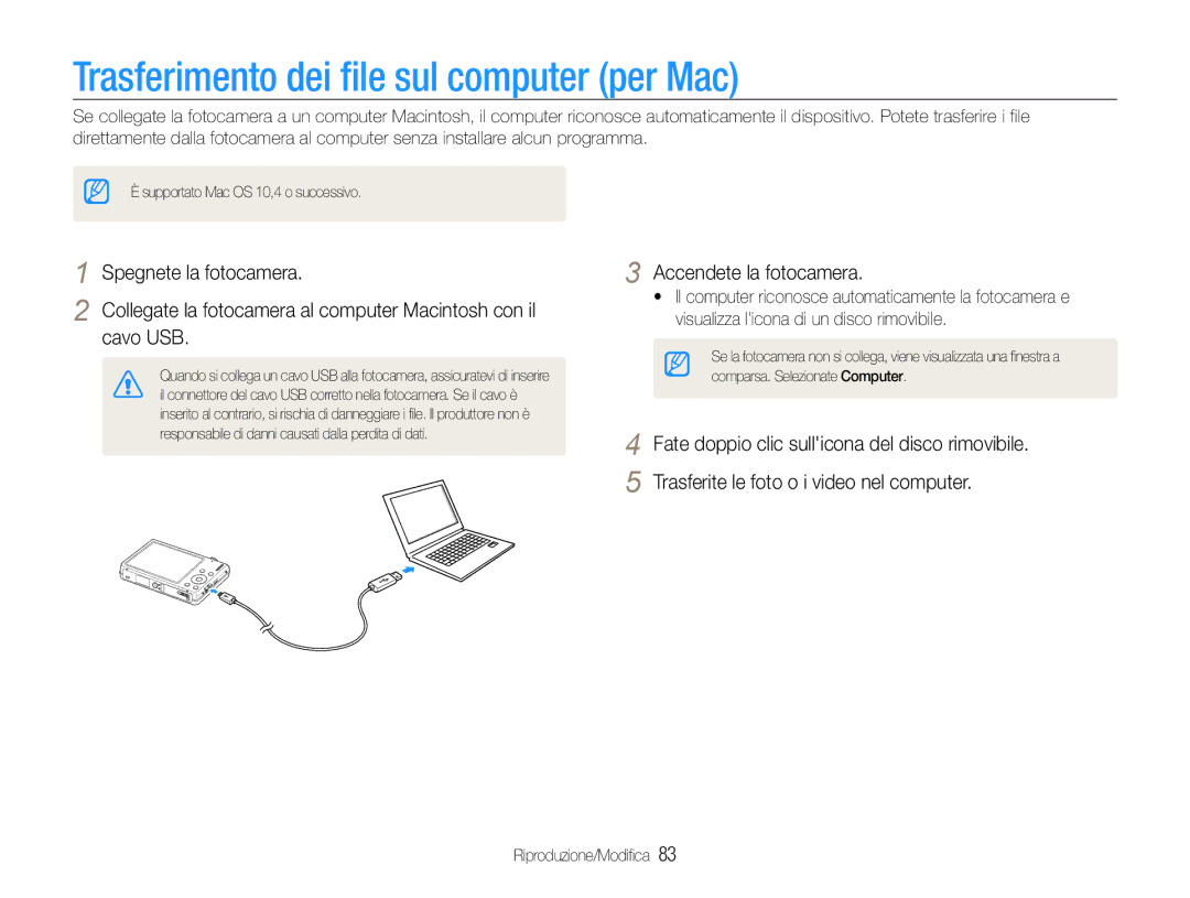 Samsung EC-ST93ZZBPRE1, EC-ST93ZZBPBE1, EC-ST93ZZBPPE1, EC-ST93ZZBPSE1 manual Trasferimento dei file sul computer per Mac 