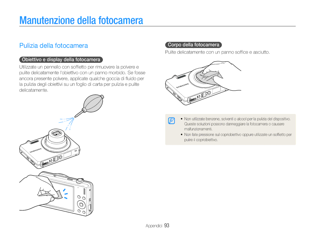 Samsung EC-ST93ZZBPPE1 manual Manutenzione della fotocamera, Pulizia della fotocamera, Obiettivo e display della fotocamera 