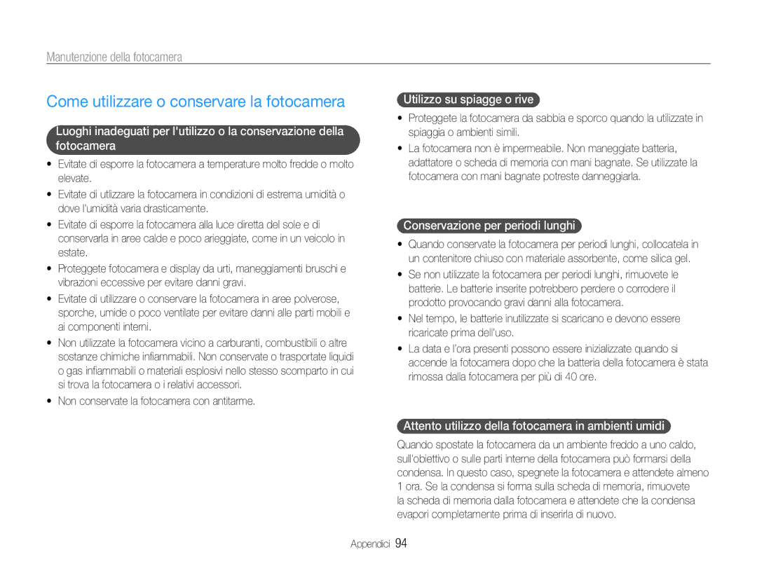 Samsung EC-ST93ZZBPSE1, EC-ST93ZZBPRE1 manual Come utilizzare o conservare la fotocamera, Manutenzione della fotocamera 