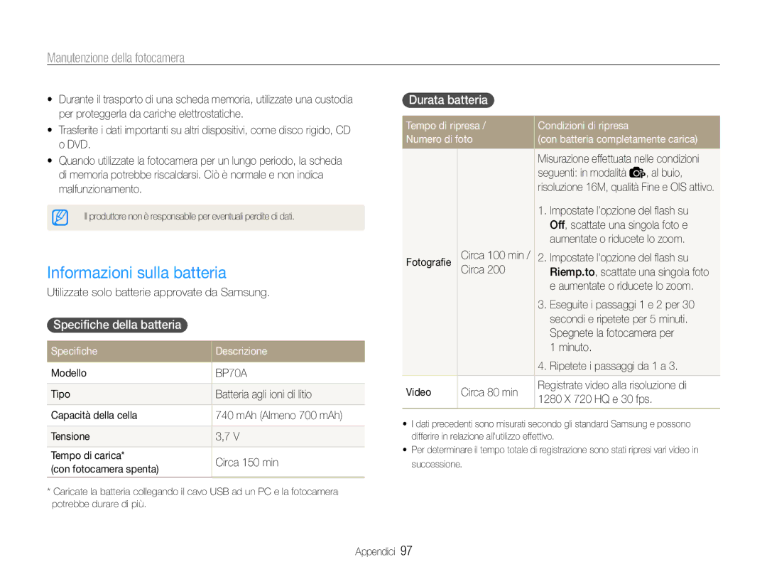 Samsung EC-ST93ZZBPPE1 Informazioni sulla batteria, Specifiche della batteria, Durata batteria, Specifiche Descrizione 