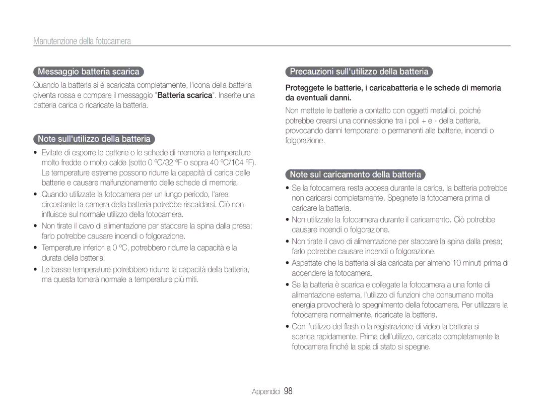 Samsung EC-ST93ZZBPSE1, EC-ST93ZZBPRE1, EC-ST93ZZBPBE1 Messaggio batteria scarica, Precauzioni sullutilizzo della batteria 