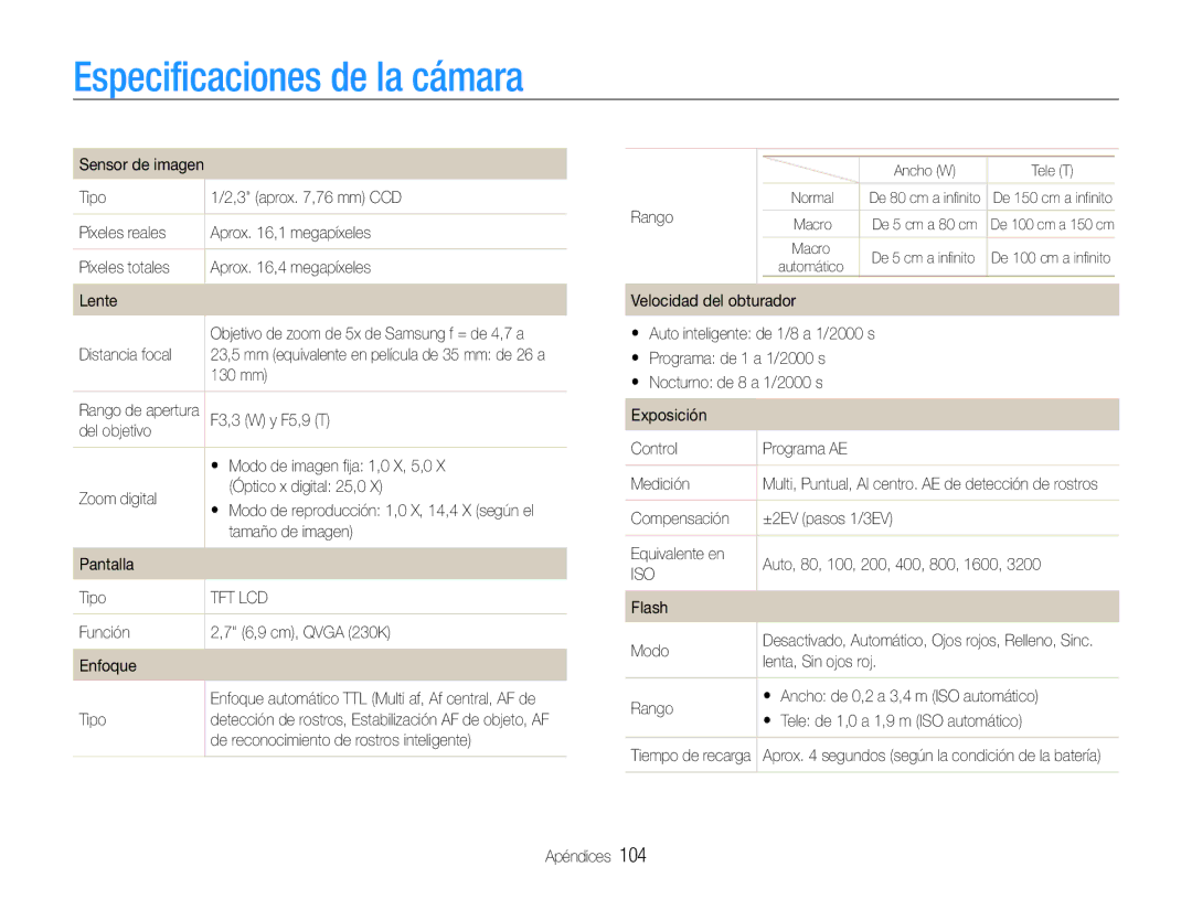 Samsung EC-ST93ZZBPBE1, EC-ST93ZZBPRE1, EC-ST93ZZBPPE1, EC-ST93ZZBPSE1 manual Especificaciones de la cámara 