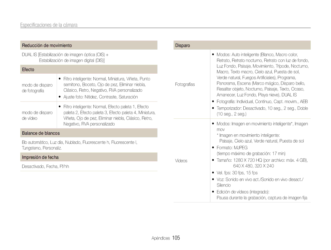 Samsung EC-ST93ZZBPPE1, EC-ST93ZZBPRE1, EC-ST93ZZBPBE1, EC-ST93ZZBPSE1 manual Especificaciones de la cámara 