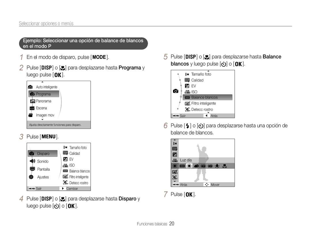 Samsung EC-ST93ZZBPBE1, EC-ST93ZZBPRE1 manual Seleccionar opciones o menús, En el modo de disparo, pulse Pulse, Luego pulse 