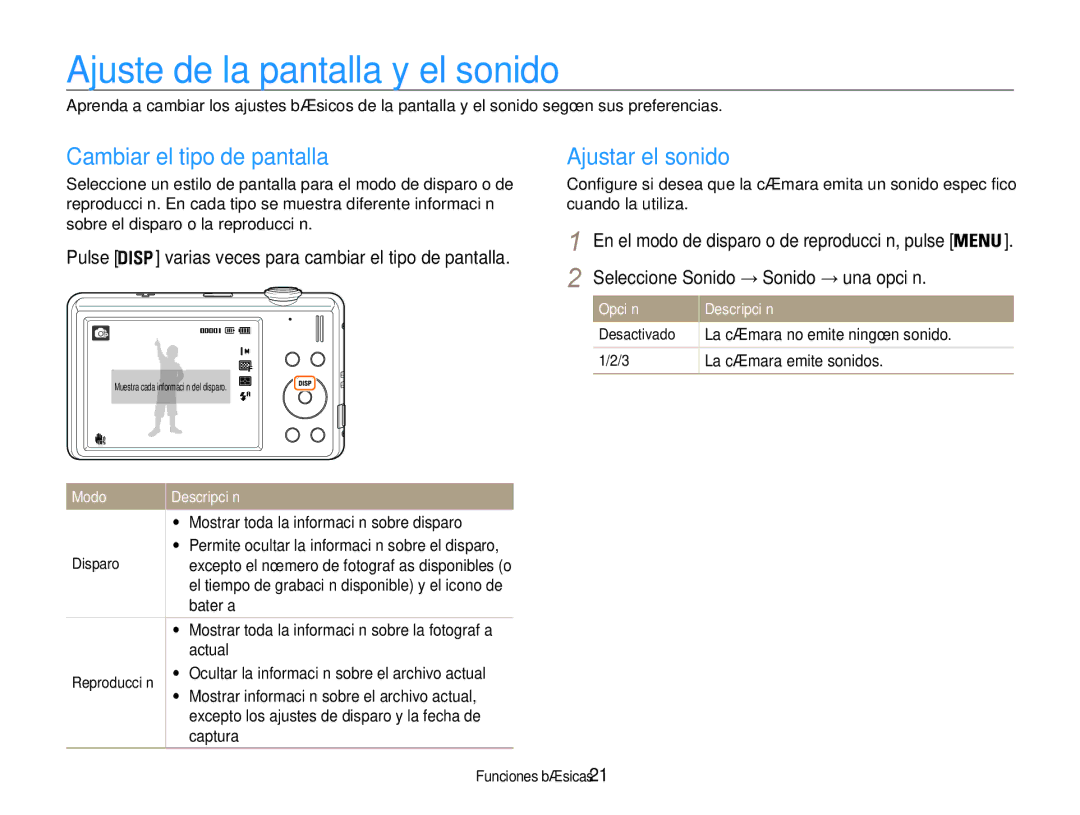 Samsung EC-ST93ZZBPPE1, EC-ST93ZZBPRE1 Ajuste de la pantalla y el sonido, Cambiar el tipo de pantalla, Ajustar el sonido 