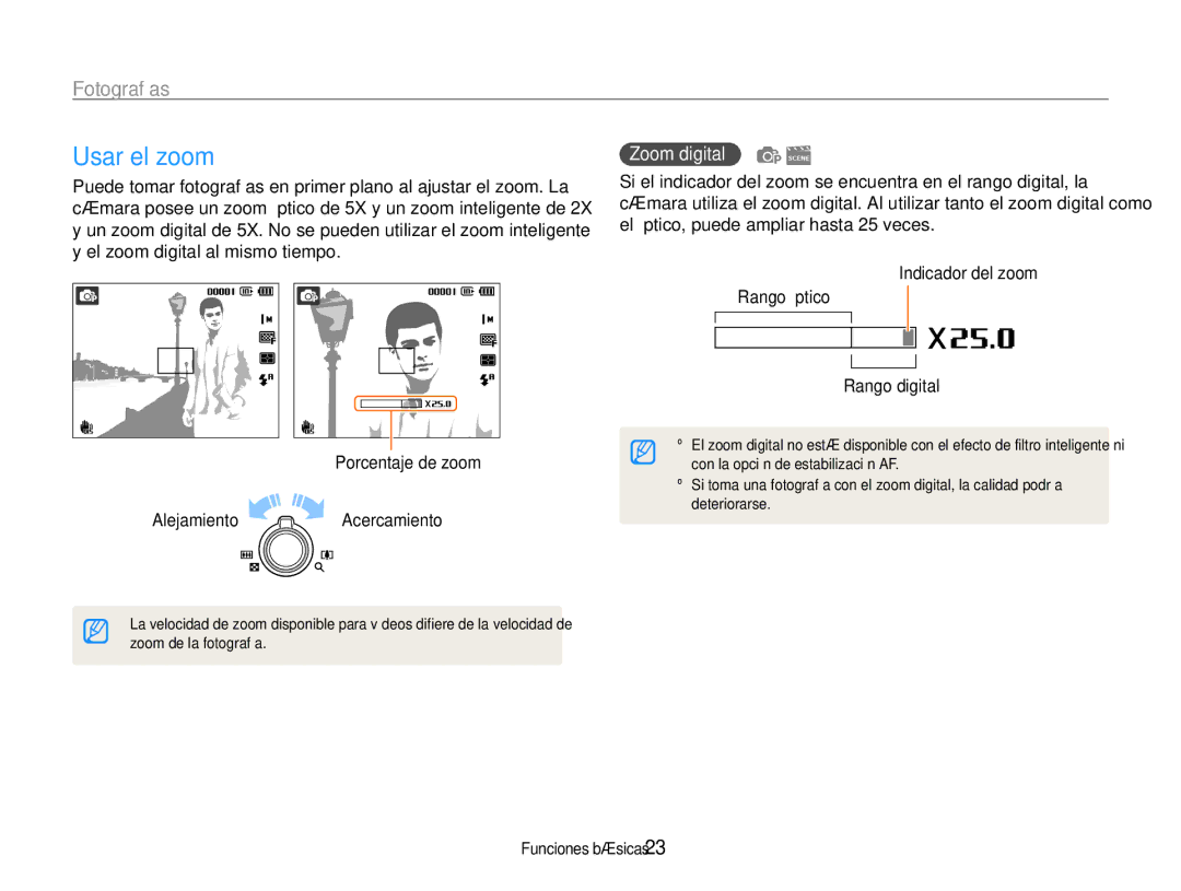 Samsung EC-ST93ZZBPRE1, EC-ST93ZZBPBE1, EC-ST93ZZBPPE1, EC-ST93ZZBPSE1 manual Usar el zoom, Fotografías, Zoom digital 