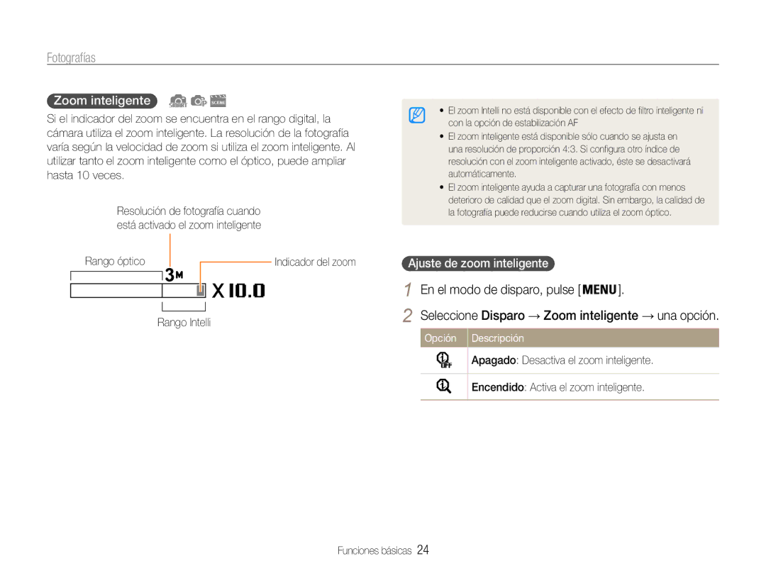 Samsung EC-ST93ZZBPBE1, EC-ST93ZZBPRE1, EC-ST93ZZBPPE1 manual Zoom inteligente, Ajuste de zoom inteligente, Rango Intelli 