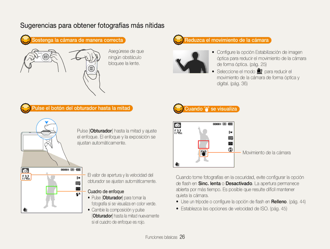 Samsung EC-ST93ZZBPSE1 Sostenga la cámara de manera correcta, Reduzca el movimiento de la cámara, Movimiento de la cámara 