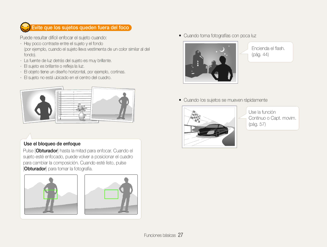 Samsung EC-ST93ZZBPRE1, EC-ST93ZZBPBE1 manual Evite que los sujetos queden fuera del foco, Use el bloqueo de enfoque 
