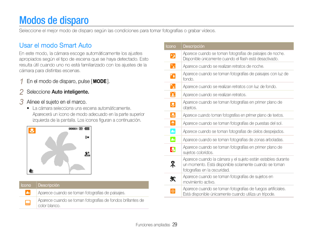 Samsung EC-ST93ZZBPPE1 Modos de disparo, Usar el modo Smart Auto, Seleccione Auto inteligente Alinee el sujeto en el marco 