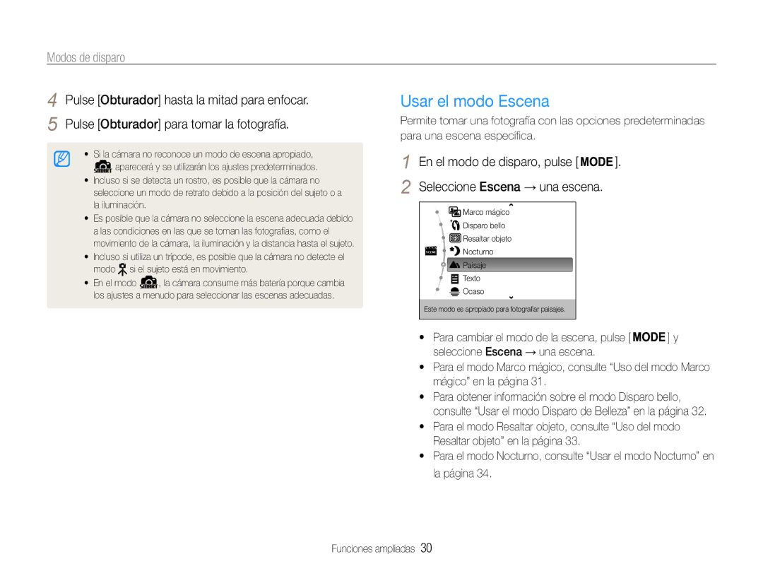 Samsung EC-ST93ZZBPSE1, EC-ST93ZZBPRE1 manual Usar el modo Escena, Modos de disparo, Seleccione Escena → una escena 