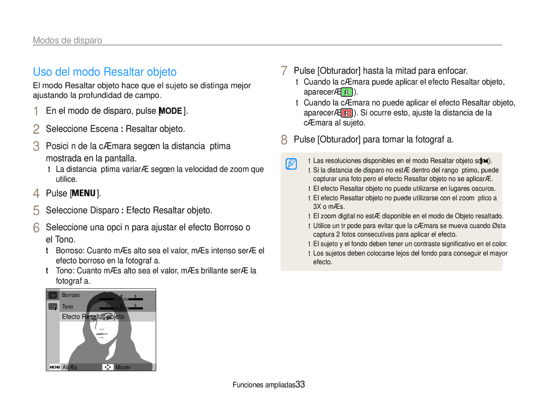 Samsung EC-ST93ZZBPPE1 Uso del modo Resaltar objeto, Seleccione Escena → Resaltar objeto, Mostrada en la pantalla, El Tono 