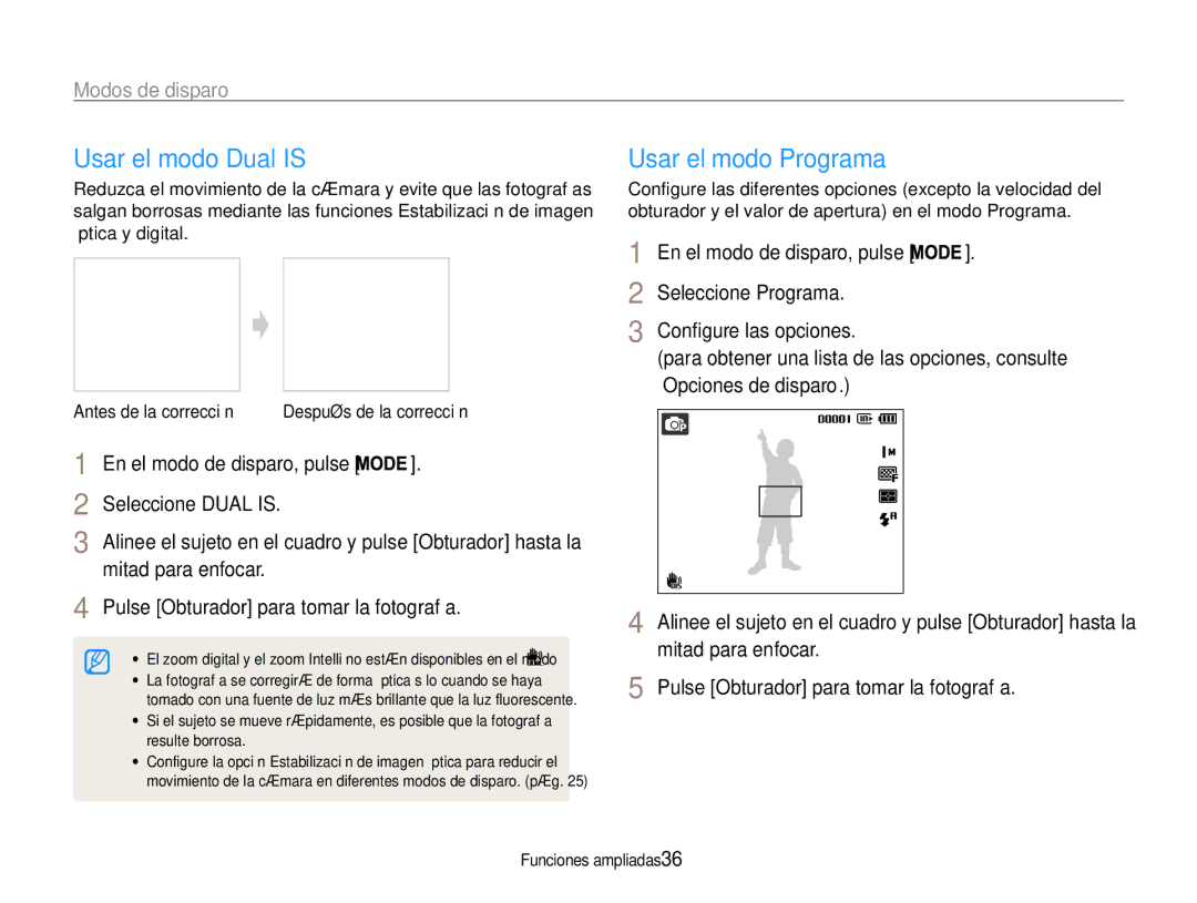 Samsung EC-ST93ZZBPBE1, EC-ST93ZZBPRE1, EC-ST93ZZBPPE1 manual Usar el modo Dual is, Usar el modo Programa, Mitad para enfocar 