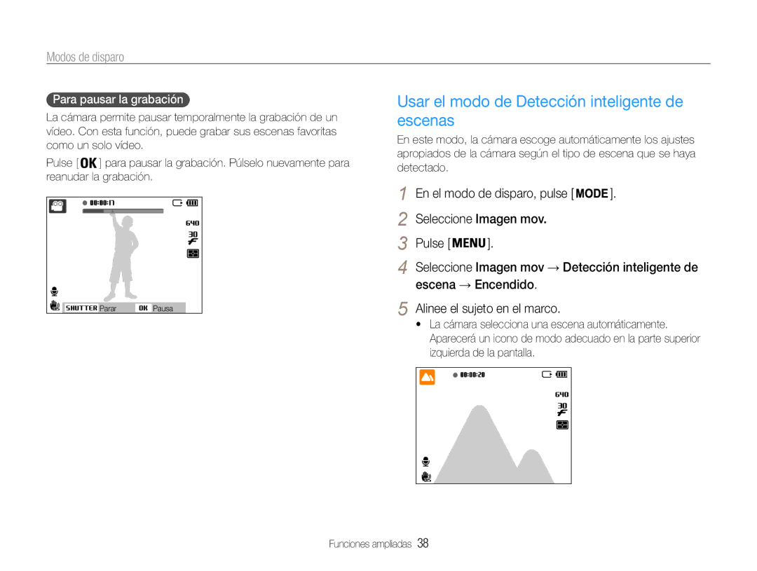 Samsung EC-ST93ZZBPSE1 Usar el modo de Detección inteligente de escenas, Escena → Encendido Alinee el sujeto en el marco 