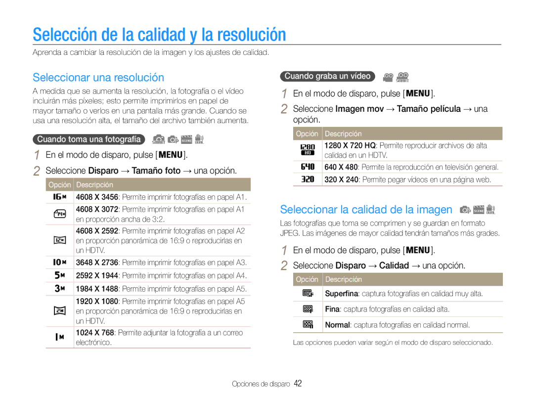 Samsung EC-ST93ZZBPSE1 Selección de la calidad y la resolución, Seleccionar una resolución, Opción, Cuando graba un vídeo 