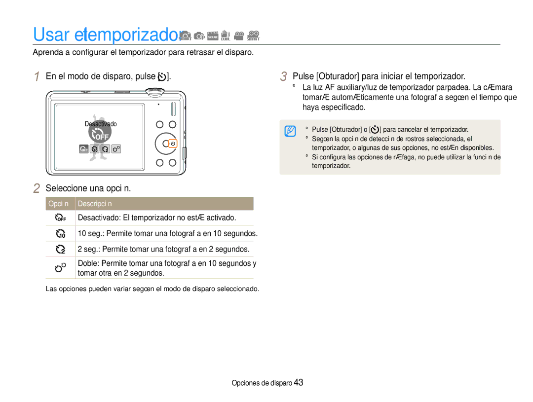 Samsung EC-ST93ZZBPRE1 manual Usar el temporizador, Seleccione una opción, Pulse Obturador para iniciar el temporizador 