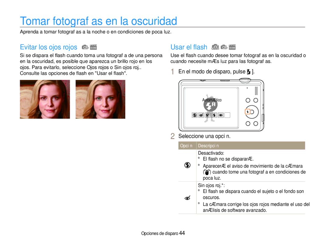 Samsung EC-ST93ZZBPBE1, EC-ST93ZZBPRE1 manual Tomar fotografías en la oscuridad, Evitar los ojos rojos, Usar el flash 