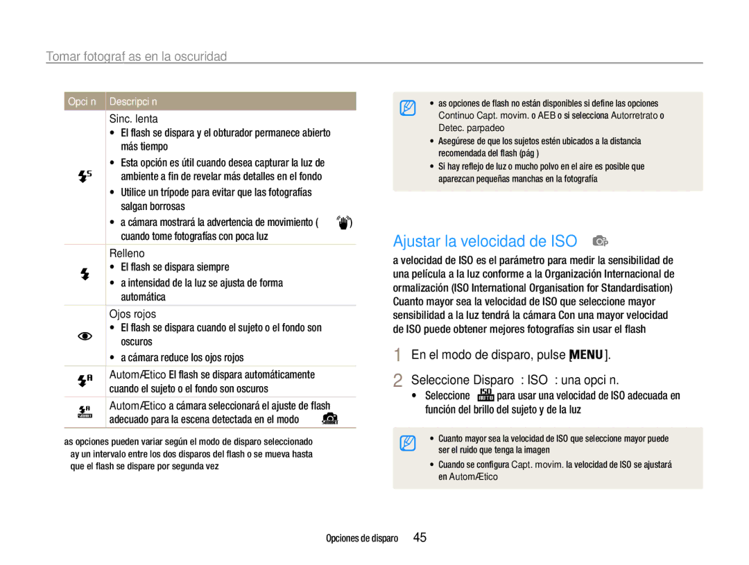 Samsung EC-ST93ZZBPPE1, EC-ST93ZZBPRE1, EC-ST93ZZBPBE1 manual Ajustar la velocidad de ISO, Tomar fotografías en la oscuridad 