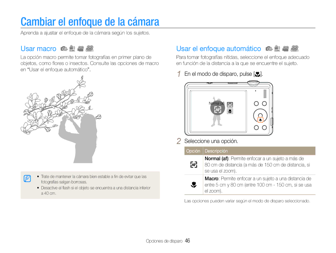 Samsung EC-ST93ZZBPSE1, EC-ST93ZZBPRE1 manual Cambiar el enfoque de la cámara, Usar macro, Usar el enfoque automático 