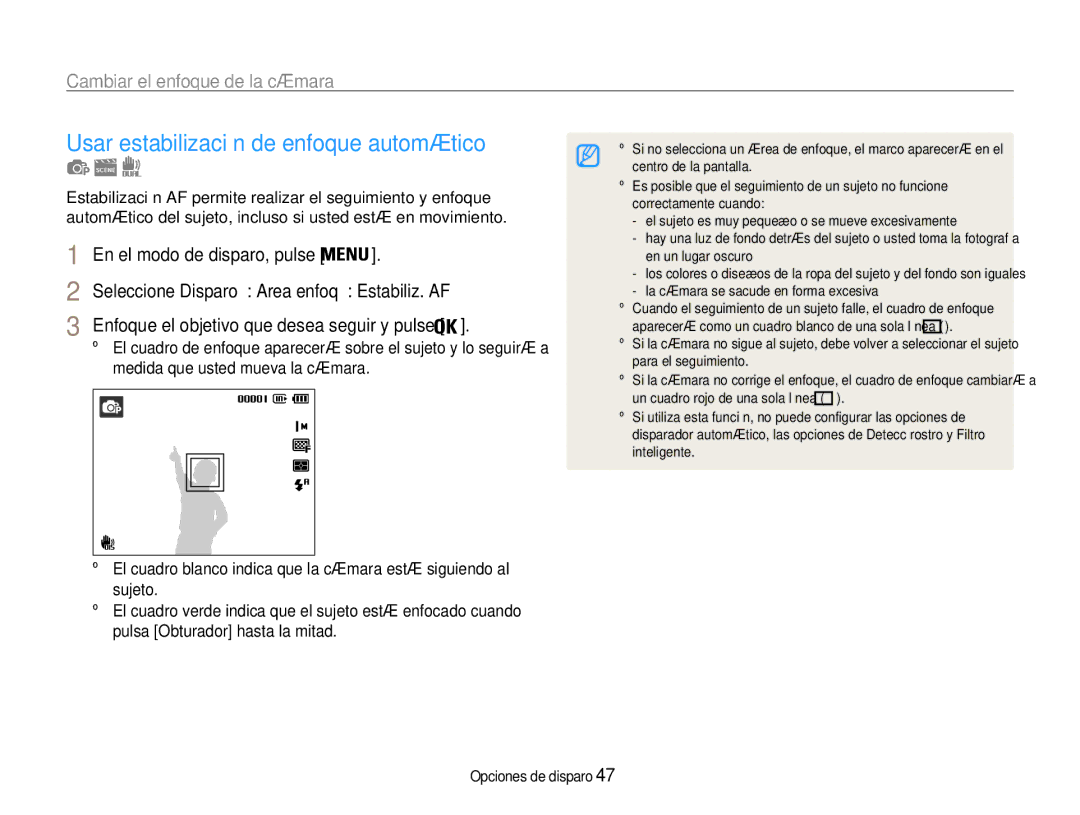 Samsung EC-ST93ZZBPRE1, EC-ST93ZZBPBE1 manual Usar estabilización de enfoque automático, Cambiar el enfoque de la cámara 