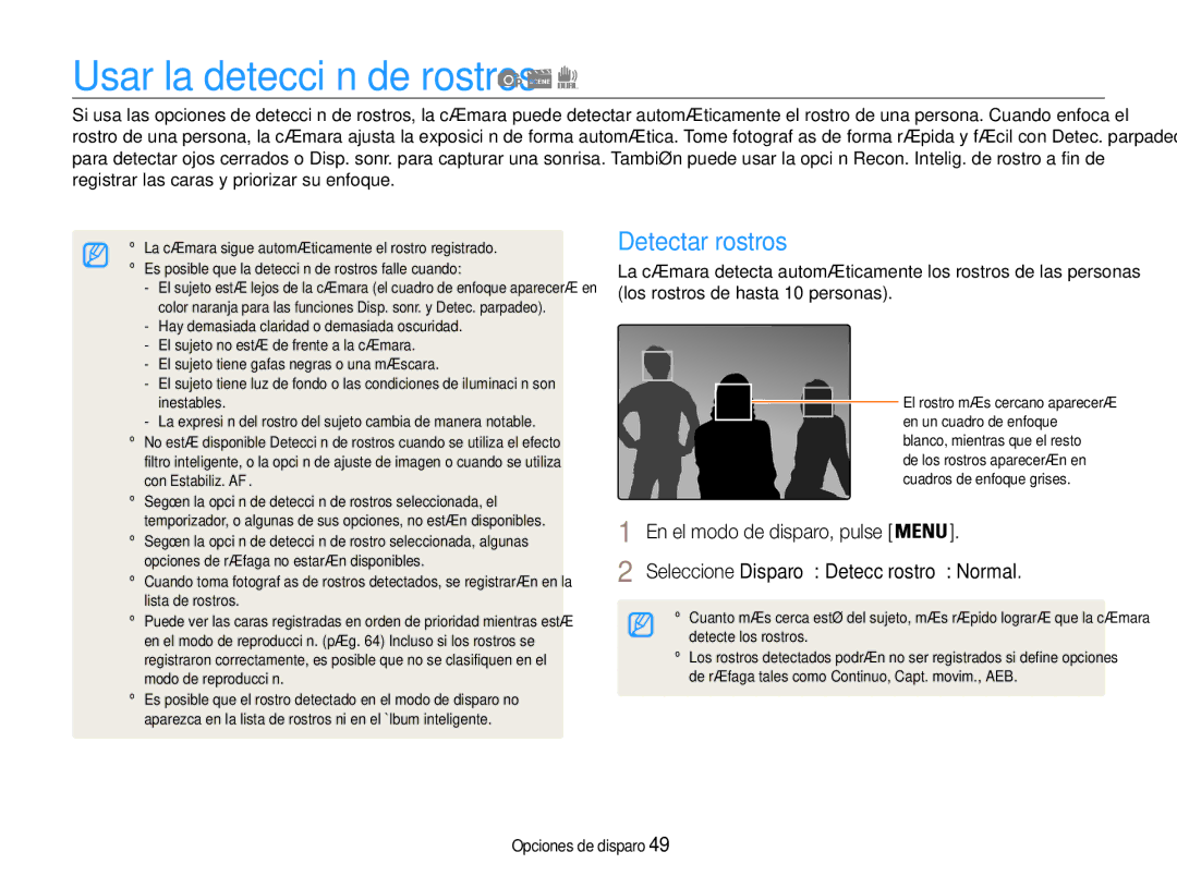 Samsung EC-ST93ZZBPPE1 manual Usar la detección de rostros, Detectar rostros, Seleccione Disparo → Detecc rostro → Normal 